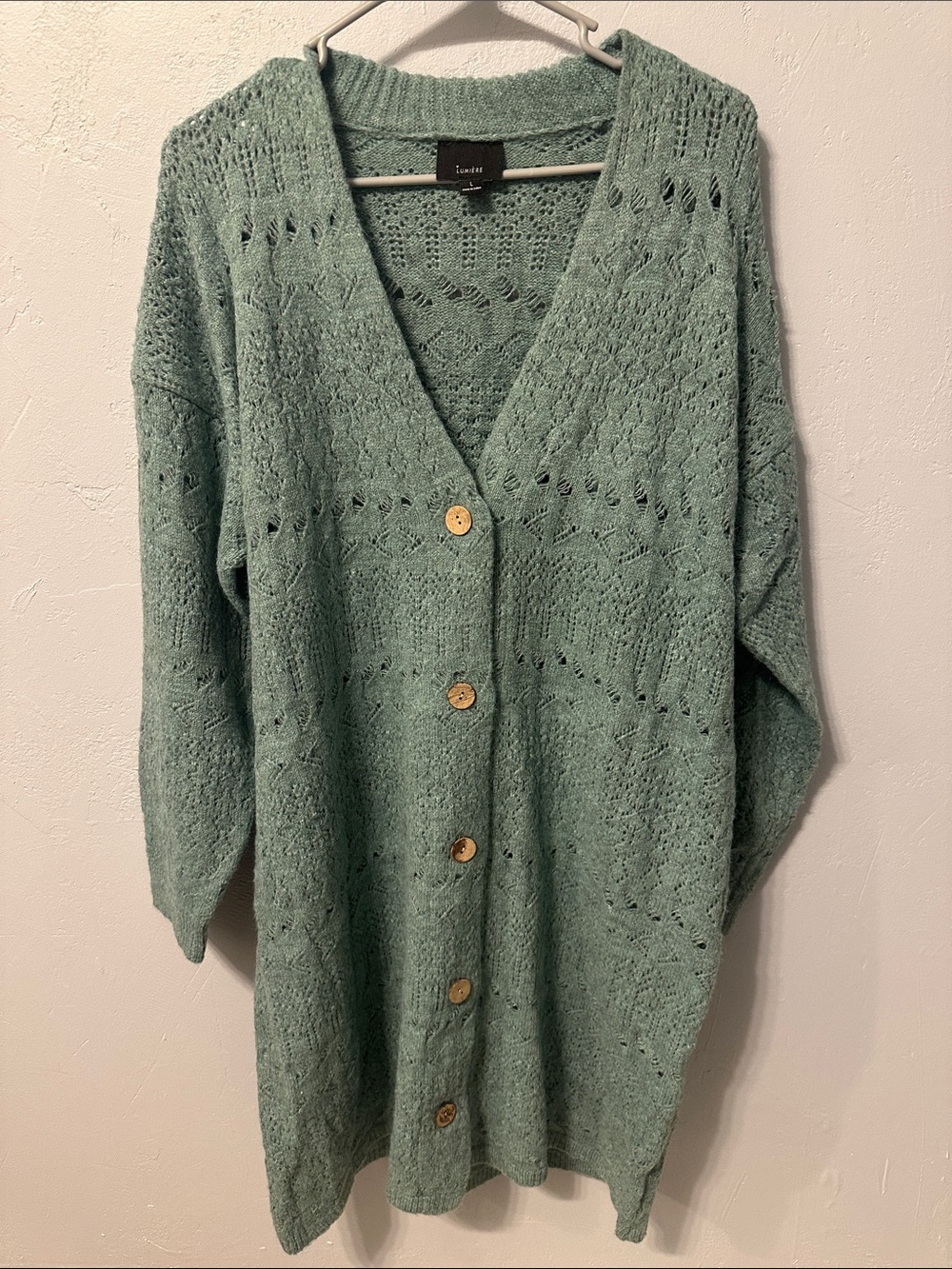 Lumiere Sage Green Openwork Button-Front Cardigan